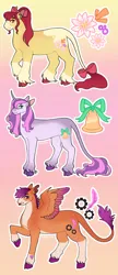 Size: 778x1799 | Tagged: safe, artist:s0ftserve, apple bloom, scootaloo, sweetie belle, earth pony, pegasus, pony, unicorn, alternate cutie mark, bow, coat markings, colored hooves, colored wings, cutie mark crusaders, female, gradient background, hair bow, headcanon in the description, image, jpeg, leonine tail, mare, older, older apple bloom, older scootaloo, older sweetie belle, ponytail, redesign, torn ear, trio, trio female, unshorn fetlocks, wings