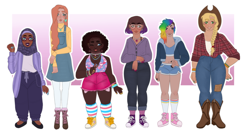 Size: 1210x660 | Tagged: safe, artist:s0ftserve, applejack, fluttershy, pinkie pie, rainbow dash, rarity, twilight sparkle, human, blackwashing, clothes, dark skin, dyed hair, fat, female, height difference, hijab, humanized, image, line-up, mane six, multicolored hair, nail polish, png, rainbow hair