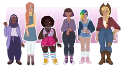 Size: 1210x660 | Tagged: safe, artist:s0ftserve, applejack, fluttershy, pinkie pie, rainbow dash, rarity, twilight sparkle, human, blackwashing, clothes, dark skin, dyed hair, fat, female, height difference, hijab, humanized, image, line-up, mane six, multicolored hair, nail polish, png, rainbow hair