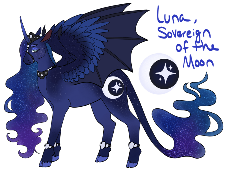 Size: 1032x774 | Tagged: safe, artist:s0ftserve, princess luna, alicorn, pony, alternate cutie mark, alternate design, cloven hooves, ethereal mane, female, hybrid wings, image, jewelry, leonine tail, mare, png, redesign, regalia, simple background, solo, transparent background, twitterina design, wings