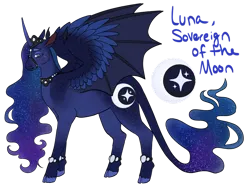 Size: 1032x774 | Tagged: safe, artist:s0ftserve, princess luna, alicorn, pony, alternate cutie mark, alternate design, cloven hooves, ethereal mane, female, hybrid wings, image, jewelry, leonine tail, mare, png, redesign, regalia, simple background, solo, transparent background, twitterina design, wings