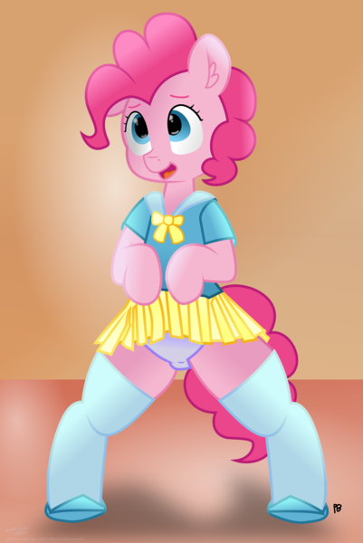 Size: 4342x6497 | Tagged: questionable, artist:lincolnbrewsterfan, artist:pabbley, derpibooru import, pinkie pie, earth pony, pony, adorasexy, bipedal, blue, blue eyes, cameltoe, clothes, colored, colored eyebrows, colored lineart, cute, cute face, derpibooru exclusive, diapinkes, ear fluff, female, gradient background, happy, highlights, image, initials, lifting, looking at someone, looking up, mare, nc-tv signature, open mouth, panties, pink mane, pink tail, png, pubic mound, pulling, sailor uniform, sexy, shading, shoes, signature, skirt, skirt lift, smiling, socks, solo, solo female, standing, standing on two hooves, stockings, tail, thigh highs, tongue out, tribute, underwear, uniform, vector, website, yellow