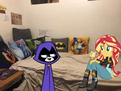 Size: 960x720 | Tagged: safe, artist:rizo2612studios, derpibooru import, rainbow dash, raven, sunset shimmer, equestria girls, batman, bedroom, crossover, dc comics, equestria girls in real life, food, image, irl, joker, jpeg, looking at each other, looking at someone, photo, pillow, sandwich, sonic the hedgehog, sonic the hedgehog (series), teen titans go, the simpsons