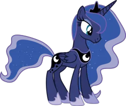 Size: 2000x1673 | Tagged: safe, derpibooru import, official, princess luna, alicorn, pony, .svg available, clothes, ethereal mane, female, folded wings, image, jewelry, mare, peytral, png, shoes, simple background, smiling, solo, standing, starry mane, tiara, transparent background, vector, wings