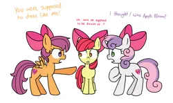 Size: 1500x893 | Tagged: safe, artist:felicitea, derpibooru import, apple bloom, scootaloo, sweetie belle, earth pony, pegasus, pony, unicorn, clothes, cosplay, costume, cutie mark crusaders, image, png, simple background, white background