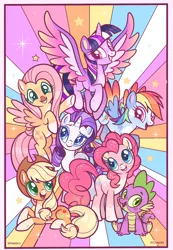 Size: 2184x3150 | Tagged: safe, artist:wanderingpegasus, derpibooru import, applejack, fluttershy, pinkie pie, rainbow dash, rarity, spike, twilight sparkle, twilight sparkle (alicorn), alicorn, dragon, earth pony, pegasus, pony, unicorn, image, mane six, png