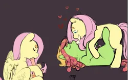 Size: 837x522 | Tagged: suggestive, artist:kocobunnyy, derpibooru import, fluttershy, tree hugger, earth pony, pony, bong, duo, duo female, eyes closed, female, floating heart, flutterhigh, g4, heart, high, image, lesbian, lying down, mare, on back, png, ship:flutterhugger, shipping, simple background, sitting, sketch, stoner, tail, wingless, wings, wip
