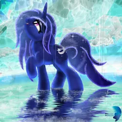 Size: 2000x2000 | Tagged: safe, artist:phoenixpaintfg, derpibooru import, princess luna, alicorn, pony, image, jpeg, open mouth, open smile, rain, smiling, solo, sparkles, water, wet, wet mane