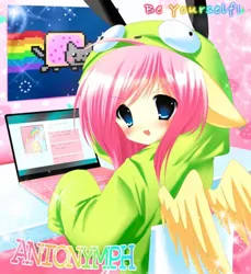 Size: 873x955 | Tagged: safe, artist:bonnybel_, derpibooru import, fluttershy, anthro, human, clothes, computer, gir, hoodie, humanized, image, jpeg, nyan cat, solo, spread wings, wings