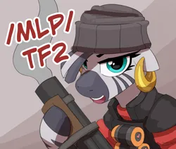 Size: 3000x2540 | Tagged: safe, artist:pabbley, derpibooru import, zecora, zebra, /mlp/ tf2 general, demoman, demozecora, ear piercing, earring, female, grenade, grenade launcher, image, jewelry, piercing, png, solo, team fortress 2, text, weapon