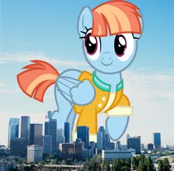 Size: 996x981 | Tagged: safe, artist:starryshineviolet, derpibooru import, edit, editor:jaredking779, windy whistles, pegasus, pony, attack on pony, california, clothes, female, folded wings, giant pony, giantess, highrise ponies, image, irl, jacket, jpeg, los angeles, macro, mare, photo, ponies in real life, shirt, smiling, solo, story included, wings