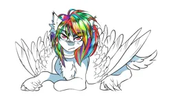 Size: 3747x2291 | Tagged: safe, artist:opalacorn, derpibooru import, oc, unofficial characters only, pegasus, pony, angry, commission, frown, furrowed brow, image, jpeg, looking at you, lying down, multicolored hair, partially open wings, prone, rainbow hair, scowl, simple background, solo, white background, wings