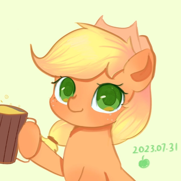 Size: 1646x1646 | Tagged: safe, derpibooru import, applejack, earth pony, pony, beautiful, beer bottle, bottle, green background, happy, hat, image, jpeg, orange skin, raised hoof, simple background, smiling, yellow mane