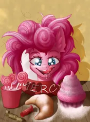 Size: 800x1080 | Tagged: safe, artist:wailks, derpibooru import, pinkie pie, earth pony, pony, fallout equestria, bread, candy, cover art, croissant, cupcake, drool, eyebrows, fanfic art, female, food, image, jpeg, licking, licking lips, lollipop, mare, messy mane, ministry mares, ministry of morale, raised eyebrow, raised eyebrows, salivating, smiling, solo, tongue out