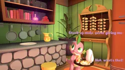 Size: 3840x2160 | Tagged: suggestive, artist:olkategrin, derpibooru import, spike, dragon, comic:no moaning in the library, 3d, book, bookshelf, chair, comic, cup, dialogue, english, garlic, glow, golden oaks library, image, kitchen, library, looking at something, looking sideways, male, plant, plate, png, potion, room, solo, solo male, source filmmaker, standing, teacup, teapot, text