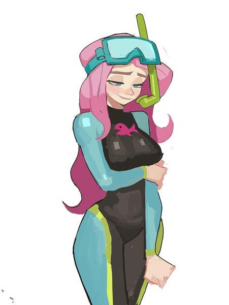 Size: 5004x6657 | Tagged: artist needed, source needed, safe, artist:hyung7754, derpibooru import, fluttershy, human, equestria girls, breasts, busty fluttershy, clothes, dive mask, goggles, image, jpeg, snorkel, solo, swimsuit, wetsuit