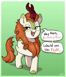 Size: 1366x1590 | Tagged: safe, artist:heretichesh, derpibooru import, autumn blaze, kirin, bedroom eyes, dialogue, female, gradient background, image, jpeg, looking at you, open mouth, open smile, smiling, smiling at you, solo, speech bubble, talking to viewer