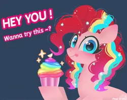 Size: 2048x1620 | Tagged: safe, artist:petaltwinkle, derpibooru import, pinkie pie, earth pony, pony, :p, blue background, cupcake, female, food, heart, heart eyes, image, jpeg, looking at you, mare, rainbow power, simple background, smiling, smiling at you, solo, talking, tongue out, wingding eyes