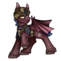 Size: 2300x2300 | Tagged: safe, artist:molars, derpibooru import, oc, oc:toffee drop, bat pony, pony, fallout equestria, bat ears, bat eyes, bat wings, blue mane, blue tail, clothes, dirty hooves, equestrian flag, eyebrows, fangs, helmet, image, looking at you, mud, muddy, png, raised eyebrow, scar, shirt, simple background, smug, solo, tactical, tail, transparent background, unshorn fetlocks, vest, wings