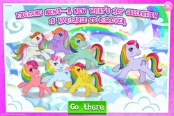 Size: 1958x1299 | Tagged: safe, derpibooru import, idw, official, confetti (g1), moonstone, parasol (g1), skydancer, sunlight (g1), tickle (g1), windy (g1), earth pony, pegasus, pony, unicorn, g1, advertisement, bow, collection, english, female, g4, gameloft, group, horn, idw showified, image, jpeg, mare, mobile game, my little pony: magic princess, spread wings, tail, tail bow, text, wings