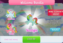 Size: 1262x861 | Tagged: safe, derpibooru import, idw, official, moonstone, parasol (g1), sunlight (g1), earth pony, pony, unicorn, g1, bow, bundle, collection, costs real money, english, female, g4, gameloft, group, horn, idw showified, image, jpeg, mare, mobile game, my little pony: magic princess, numbers, tail, tail bow, text