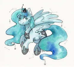 Size: 2432x2199 | Tagged: safe, artist:lightisanasshole, derpibooru import, princess luna, alicorn, pony, boots, clothes, constellation, crown, ear piercing, earring, ethereal mane, image, jewelry, jpeg, moon, piercing, regalia, shoes, solo, starry mane, stars, traditional art, watercolor painting