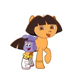 Size: 739x700 | Tagged: safe, artist:samueldavillo, derpibooru import, ponified, earth pony, pony, abomination, backpack, bracelet, clothes, cursed image, dora the explorer, image, jewelry, looking at you, open mouth, open smile, png, raised hoof, shoes, simple background, smiling, smiling at you, socks, solo, wat, white background, why, wtf
