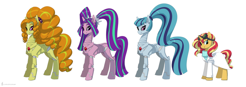 Size: 2264x800 | Tagged: safe, artist:carnifex, derpibooru import, adagio dazzle, aria blaze, sonata dusk, sunset shimmer, pony, robot, robot pony, unicorn, alternate universe, clothes, fanfic art, goggles, goggles on head, image, jpeg, line-up, roboticization, simple background, smiling, sweater, the dazzlings, turtleneck, white background