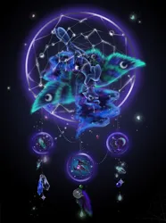 Size: 3523x4735 | Tagged: safe, artist:polnocnykot, derpibooru import, nightmare moon, princess luna, alicorn, butterfly, butterfly pony, hybrid, insect, pony, beads, bolt, bondage, butterfly wings, caught, chest fluff, clothes, colored wings, constellation, crescent moon, crown, crystal, cute, cutie mark, dream, dreamcatcher, dreamcaught luna, ear fluff, ethereal hair, ethereal mane, ethereal tail, evil eyes, eyeshadow, feather, feathered wings, female, floppy ears, gem, glow, gradient background, horn, image, jewelry, jpeg, lidded eyes, looking at each other, looking at someone, looking back, magic, magic aura, makeup, mare, missing accessory, moon, multicolored hair, multicolored mane, multicolored tail, multicolored wings, necklace, night, no hooves, open mouth, pearl, pearl necklace, regalia, sad eyes, shell, solo, solo female, solo focus, space, sparkles, species swap, spider web, spread wings, stars, tail, tiara, wings