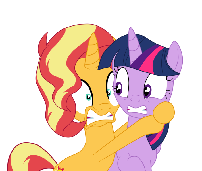 Size: 2607x2199 | Tagged: safe, artist:gmaplay, derpibooru import, sunset shimmer, twilight sparkle, alicorn, pony, unicorn, clinging, gritted teeth, image, panic, panic attack, png, shrunken pupils, simple background, teeth, transparent background, wide eyes