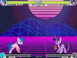 Size: 994x746 | Tagged: safe, color edit, derpibooru import, edit, applejack, fluttershy, pinkie pie, rainbow dash, rarity, twilight sparkle, fighting is magic, color, colored, fan game, image, jpeg, mane six, mountain, new, song, stage, sun, vaporwave