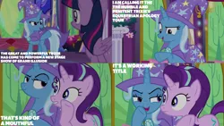 Size: 2000x1125 | Tagged: safe, derpibooru import, edit, edited screencap, editor:quoterific, screencap, starlight glimmer, trixie, twilight sparkle, twilight sparkle (alicorn), alicorn, no second prances, image, png, twilight's castle