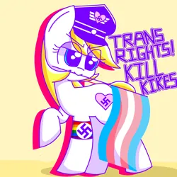 Size: 2048x2048 | Tagged: safe, artist:aryannespetfemboy, ponerpics import, ponybooru import, oc, oc:aryanne, earth pony, pony, antisemitism, aria property cinematic universe, armband, blonde, blonde mane, caption, eye clipping through hair, eyelashes, female, flag, image, military hat, mouth hold, nazi, nazi armband, nazi hat, nazipone, png, pride, pride flag, racism, raised hoof, raised leg, shadow, simple background, smiling, smug, solo, swastika, text, transgender, transgender pride flag, white coat, yellow background