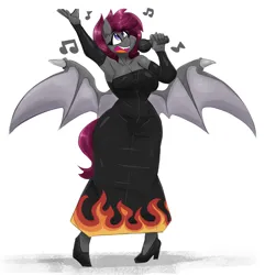 Size: 2700x2796 | Tagged: safe, artist:flutterthrash, derpibooru import, oc, oc:vesper moon, unofficial characters only, anthro, bat pony, clothes, dress, female, image, jpeg, microphone, music notes, simple background, solo, white background