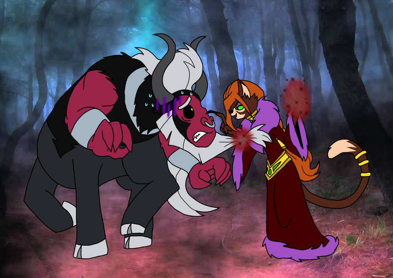 Size: 1414x1000 | Tagged: safe, artist:zetikoopa, derpibooru import, catrina, lord tirek, abyssinian, anthro, cat, centaur, taur, female, image, male, png, scared, sorceress, taunting, terrified