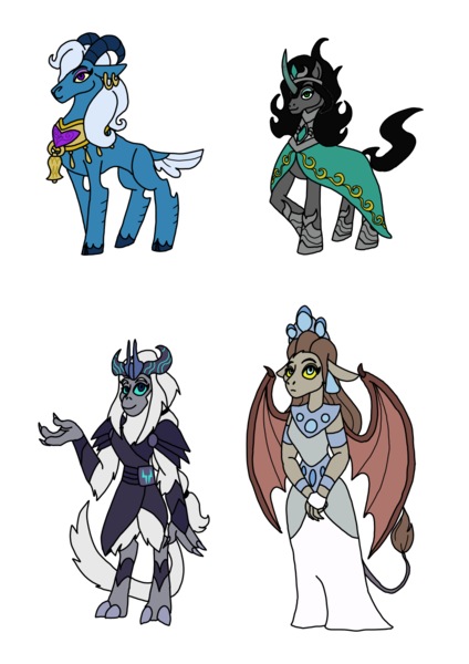 Size: 1000x1414 | Tagged: safe, artist:zetikoopa, derpibooru import, queen haydon, rabia, gargoyle, goat, pony, sheep, storm creature, umbrum, unicorn, spoiler:comic, female, image, mare, mother, png, queen, simple background, transparent background