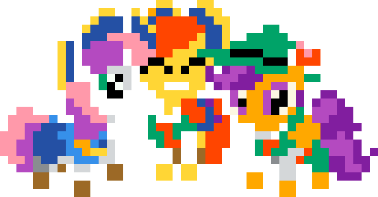Size: 736x384 | Tagged: safe, artist:hazy skies, derpibooru import, apple bloom, scootaloo, sweetie belle, earth pony, pegasus, pony, unicorn, on your marks, clothes, cowgirl outfit, cutie mark crusaders, female, filly, foal, image, lederhosen, pixel art, png, simple background, transparent background