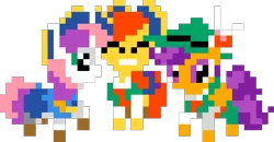Size: 736x384 | Tagged: safe, artist:hazy skies, derpibooru import, apple bloom, scootaloo, sweetie belle, earth pony, pegasus, pony, unicorn, on your marks, clothes, cowgirl outfit, cutie mark crusaders, female, filly, foal, image, lederhosen, pixel art, png, simple background, transparent background