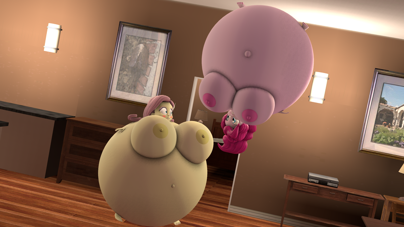 Size: 1920x1080 | Tagged: questionable, artist:megatron-returns, derpibooru import, fluttershy, pinkie pie, human, equestria girls, 3d, balloonie pie, belly button, big breasts, breasts, busty fluttershy, busty pinkie pie, duo, duo female, female, floating, flutterblimp, image, inflation, nipples, nudity, outie belly button, png, source filmmaker, spherical inflation