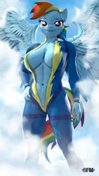 Size: 1080x1920 | Tagged: suggestive, artist:anthroponiessfm, derpibooru import, rainbow dash, anthro, 3d, areola, bodysuit, breasts, cleavage, clothes, cloud, female, image, looking at you, muscles, png, source filmmaker, uniform, wonderbolts, wonderbolts uniform