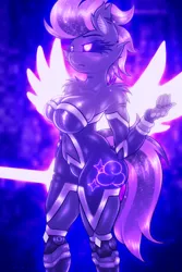 Size: 3000x4500 | Tagged: suggestive, artist:shad0w-galaxy, derpibooru import, oc, oc:shadow galaxy, unofficial characters only, anthro, cyborg, pegasus, pony, belly button, big breasts, breasts, cybernetic legs, cyberpunk, female, glow, glowing eyes, high res, image, mare, open mouth, pegasus oc, png, shoulder fluff, solo, thighs, thunder thighs, wings