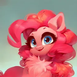 Size: 1536x1536 | Tagged: safe, derpibooru import, machine learning generated, stable diffusion, pinkie pie, earth pony, fluffy pony, pony, ai content, blue eyes, blushing, cute, ear fluff, fluffy, generator:purplesmart.ai, image, jpeg, pink mane, prompter:saltyvity, simple background, smiling, solo, sparkles