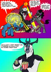 Size: 1000x1414 | Tagged: safe, artist:zetikoopa, derpibooru import, discord, grogar, king sombra, lord tirek, storm king, centaur, draconequus, goat, pony, sheep, storm creature, taur, umbrum, unicorn, my little pony: the movie, abuse, angry, beaten up, black eye, butt, comic, discordabuse, food, image, karma, magic, male, plot, png, popcorn, ram, stallion