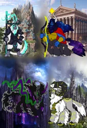 Size: 3000x4414 | Tagged: safe, artist:zetikoopa, derpibooru import, oc, oc:abyss, oc:chiron, oc:odin, oc:wu kong, centaur, goat, pony, sheep, storm creature, taur, umbrum, unicorn, image, immortal, kingdom, legend, male, png, ram, rulers of past, stallion