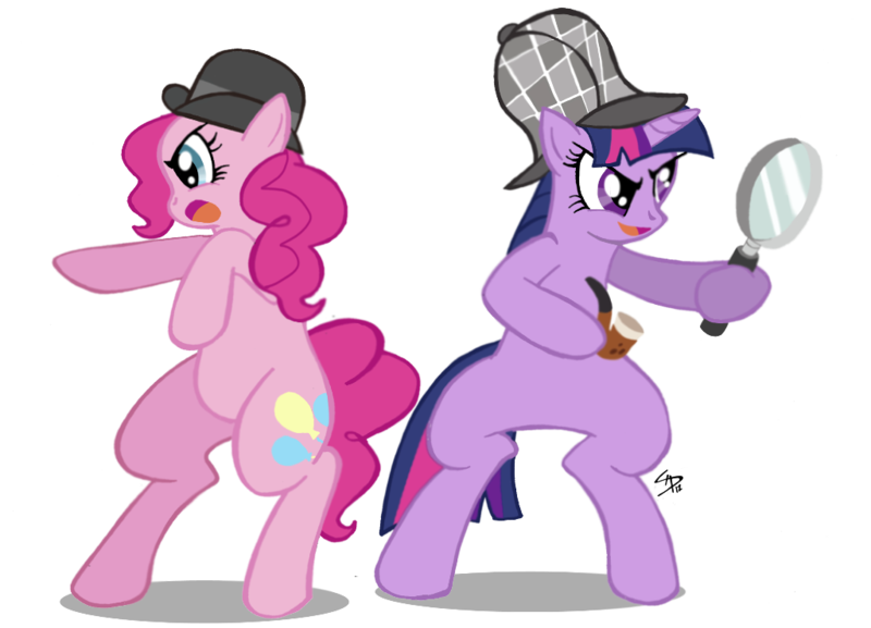 Size: 1024x738 | Tagged: safe, artist:falleninthedark, derpibooru import, pinkie pie, twilight sparkle, pony, unicorn, mmmystery on the friendship express, bipedal, bowler hat, deerstalker, detective, duo, duo female, female, hat, image, magnifying glass, mare, pipe, png, sherlock holmes, sherlock sparkle, simple background, transparent background, unicorn twilight, watson