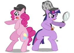 Size: 1024x738 | Tagged: safe, artist:falleninthedark, derpibooru import, pinkie pie, twilight sparkle, pony, unicorn, mmmystery on the friendship express, bipedal, bowler hat, deerstalker, detective, duo, duo female, female, hat, image, magnifying glass, mare, pipe, png, sherlock holmes, sherlock sparkle, simple background, transparent background, unicorn twilight, watson
