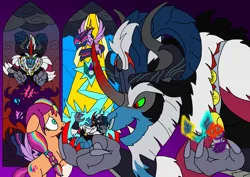 Size: 1414x1000 | Tagged: safe, artist:zetikoopa, derpibooru import, grogar, king sombra, lord tirek, storm king, sunny starscout, oc, oc:alastor, pony, g5, my little pony: the movie, crystal, destroyed, disbelief, earth pony crystal, female, fusion, image, male, mare, pegasus crystal, png, scared, stained glass, unicorn crystal, unity crystals