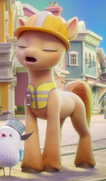 Size: 843x1429 | Tagged: safe, derpibooru import, edit, edited screencap, screencap, kenneth, earth pony, pony, g5, my little pony: a new generation, clothes, cute, eyes closed, female, hard hat, hat, image, jpeg, mare, open mouth, safety vest, unshorn fetlocks, vest