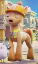 Size: 843x1429 | Tagged: safe, derpibooru import, edit, edited screencap, screencap, kenneth, earth pony, pony, g5, my little pony: a new generation, clothes, cute, eyes closed, female, hard hat, hat, image, jpeg, mare, open mouth, safety vest, unshorn fetlocks, vest