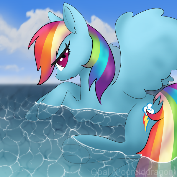 Size: 1000x1000 | Tagged: safe, artist:opal2023, derpibooru import, rainbow dash, pegasus, background, image, ocean, partially submerged, png, solo, summer, water
